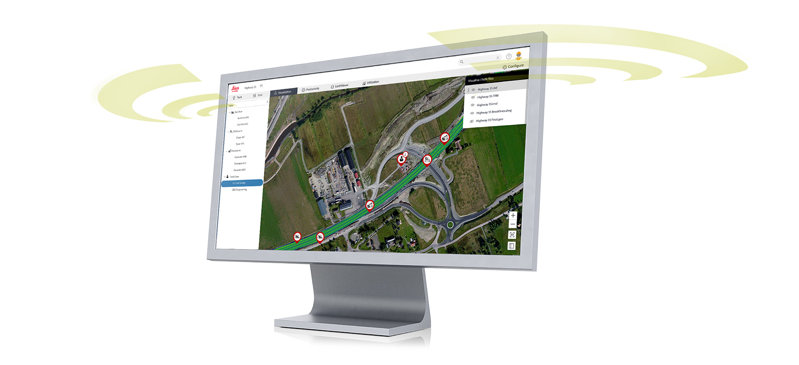 Computerbildschirm zeigt Luftaufnahme einer Baustelle